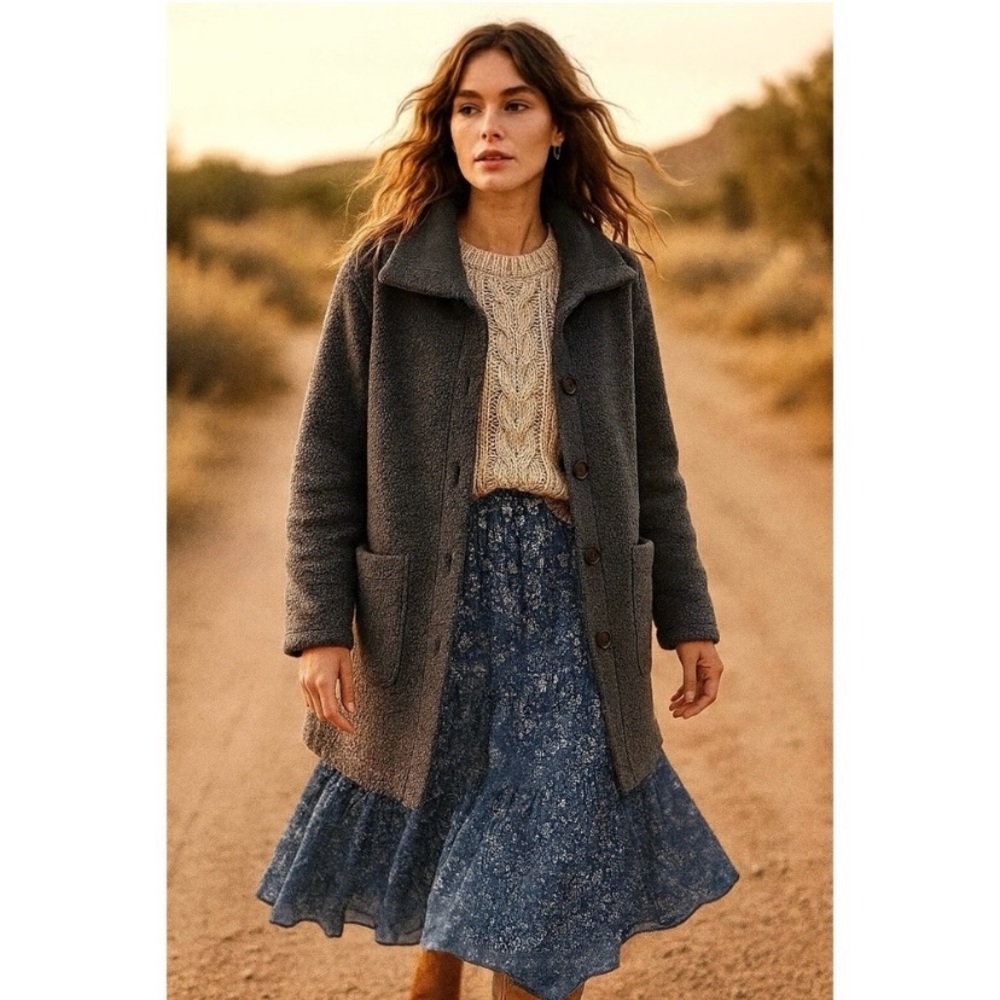NWT LANDS END Grey Long Boucle Teddy Coat